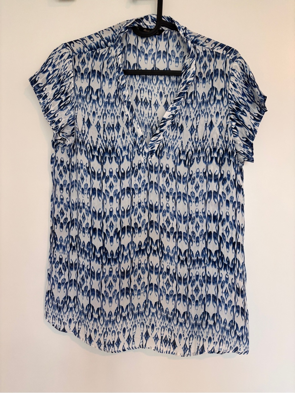 Massimo Dutti Blue and White Ikat-Style V-Neck Blouse